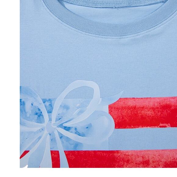 Light Blue Flag Bow Graphic Crewneck Top New Sizes S M L XL - Picture 4 of 9